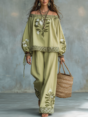 Elegant Sage Floral Off-Shoulder Pant Set