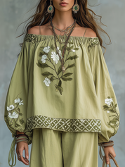 Elegant Sage Floral Off-Shoulder Pant Set