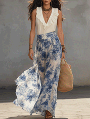 Boho Ruffle V-Neck Sleeveless Top & Flowy Print Maxi Skirt Set