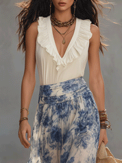 Boho Ruffle V-Neck Sleeveless Top & Flowy Print Maxi Skirt Set