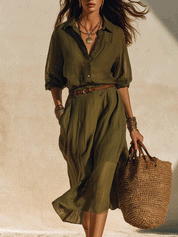 Bohemian Style Front-Button Tie-Waist Loose-Fit Draped Shirt & Midi Skirt Set