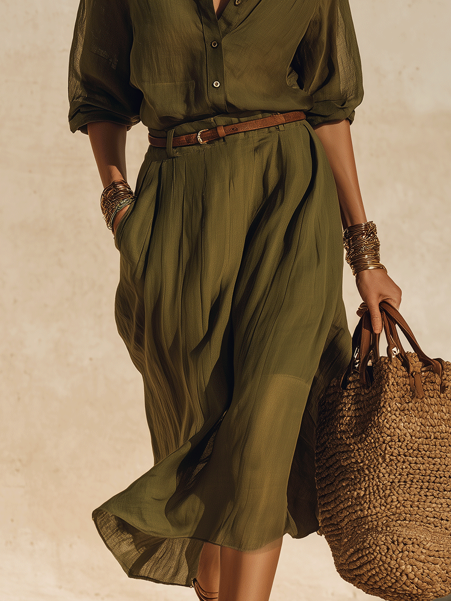 Bohemian Style Front-Button Tie-Waist Loose-Fit Draped Shirt & Midi Skirt Set