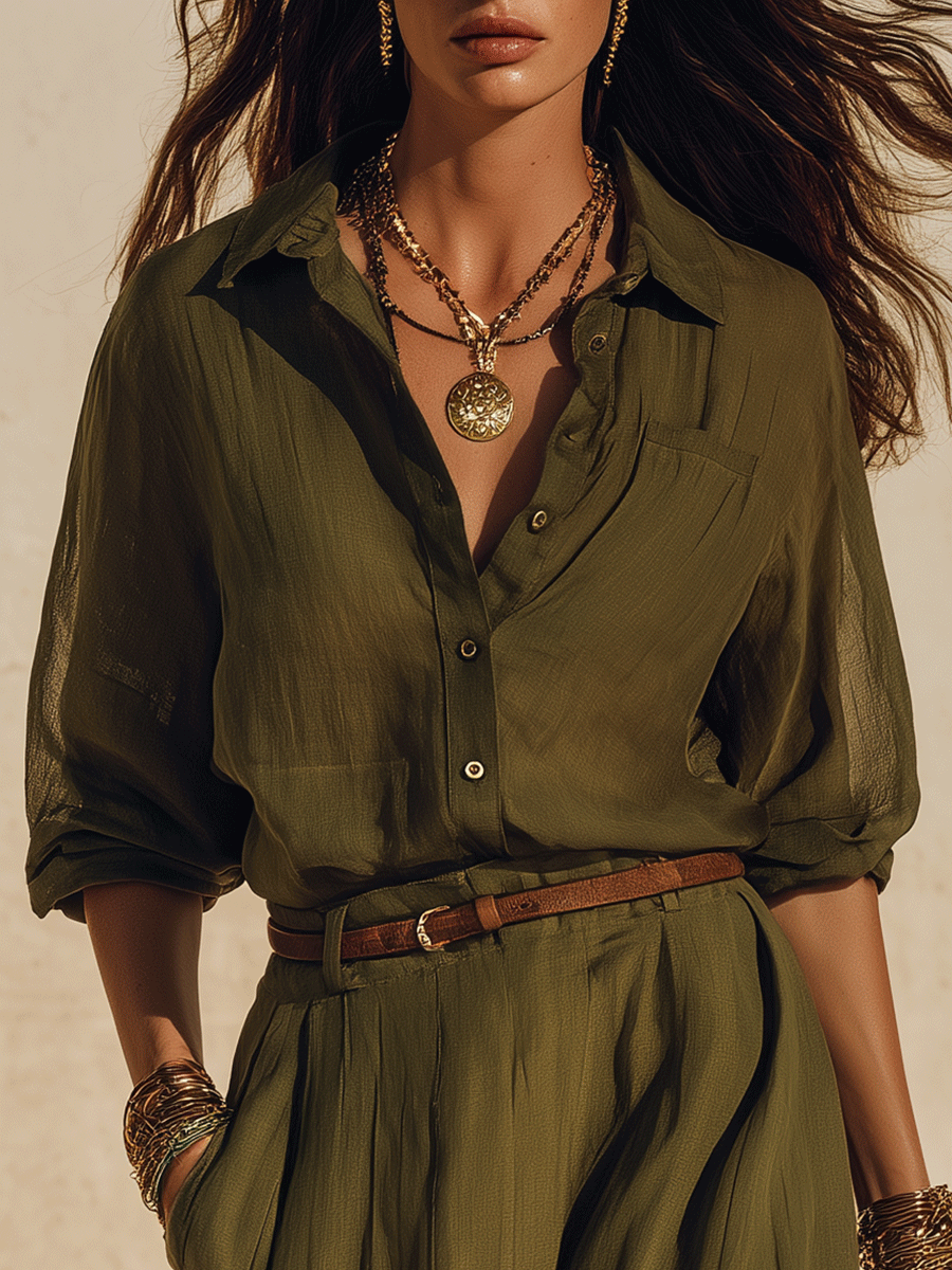 Bohemian Style Front-Button Tie-Waist Loose-Fit Draped Shirt & Midi Skirt Set