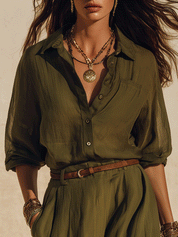 Bohemian Style Front-Button Tie-Waist Loose-Fit Draped Shirt & Midi Skirt Set