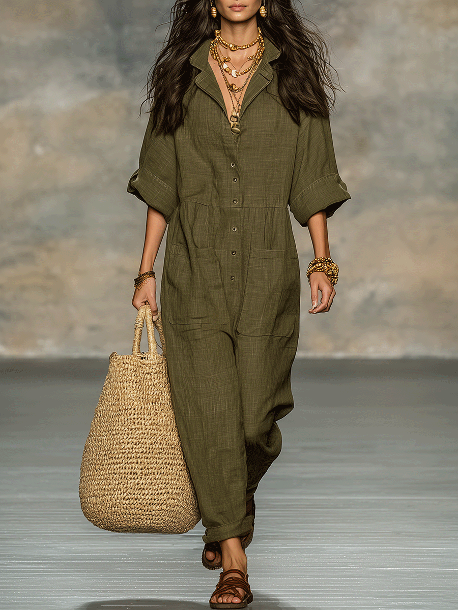 Minimalist Bohemian Soft Linen Feel Everyday Comfort Jumpsuit
