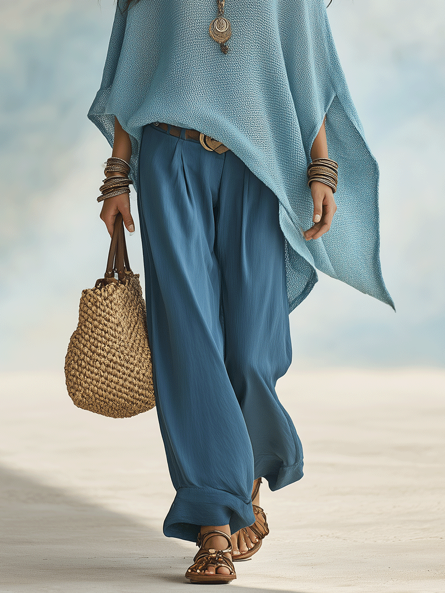 Boho Oversized Knit Poncho Top & Wide-Leg Relaxed Pants Set
