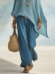 Boho Oversized Knit Poncho Top & Wide-Leg Relaxed Pants Set