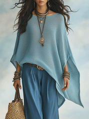 Boho Oversized Knit Poncho Top & Wide-Leg Relaxed Pants Set