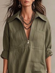 Boho Zip-Neck Linen Utility Style Relaxed Fit Midi Shirt Dress