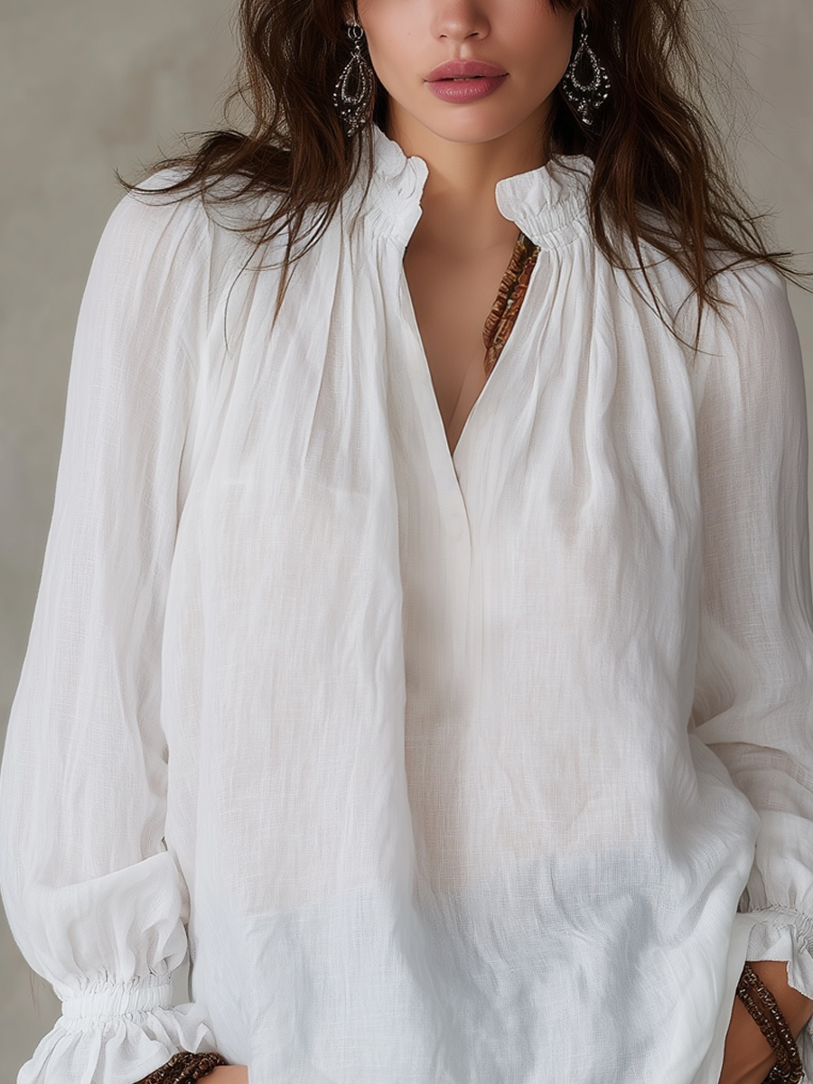 Resort-style White Cotton And Linen Shirt
