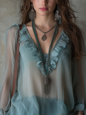 Ethereal Aqua Ruffle Sheer Boho Blouse