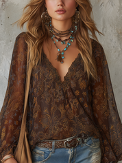 Bohemian Brown Floral Lantern Sleeve Top