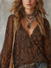 Bohemian Brown Floral Lantern Sleeve Top