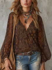 Bohemian Brown Floral Lantern Sleeve Top