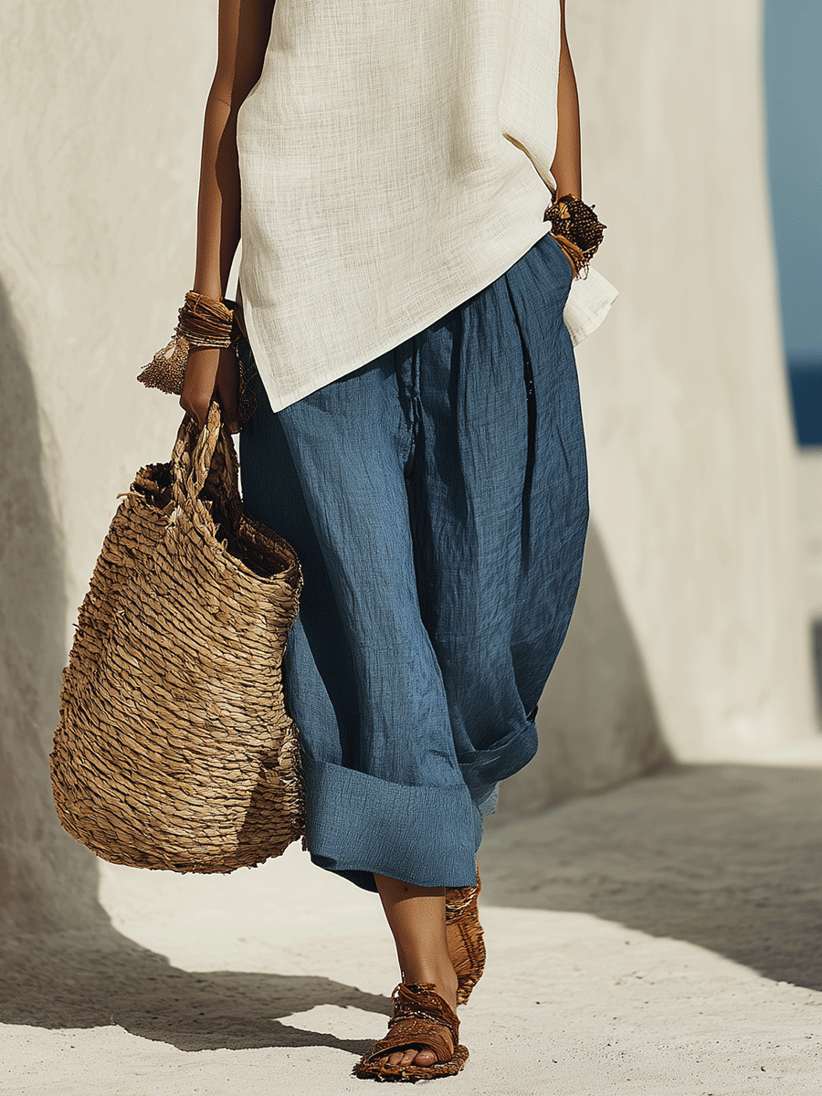 Boho Style Sleeveless V-Neck Loose Linen-Look Tank Top & Casual Trousers Set
