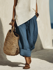 Boho Style Sleeveless V-Neck Loose Linen-Look Tank Top & Casual Trousers Set