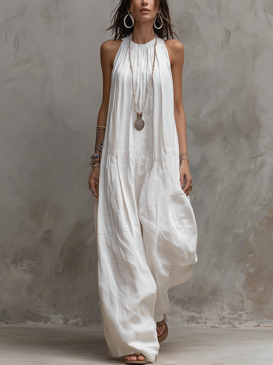 Minimalist White Linen Sleeveless Jumpsuit