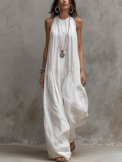 Minimalist White Linen Sleeveless Jumpsuit