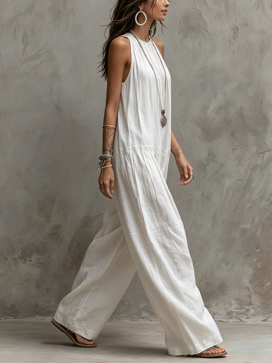 Minimalist White Linen Sleeveless Jumpsuit