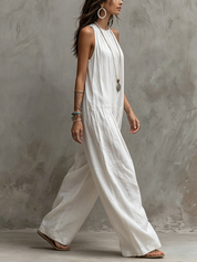 Minimalist White Linen Sleeveless Jumpsuit