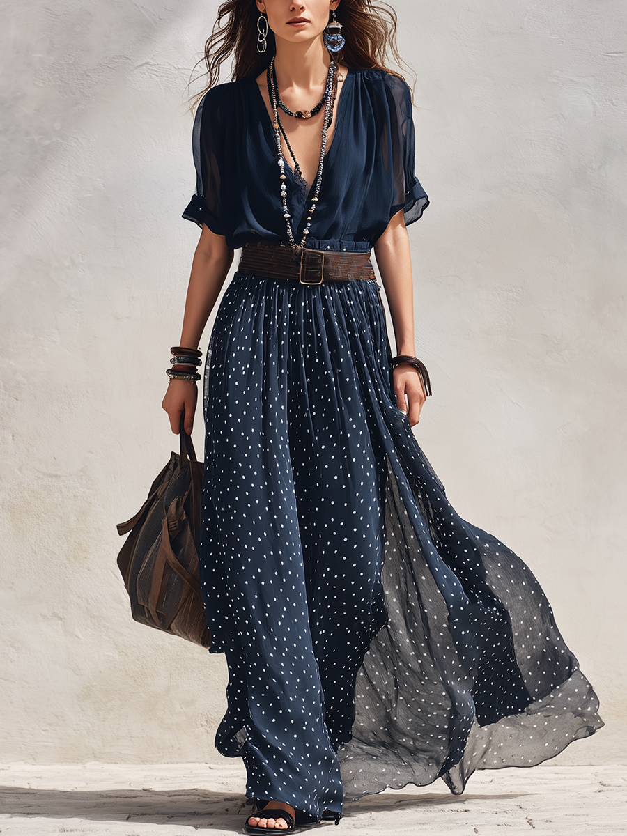 Midnight Blue Polka Dot Chiffon Long Skirt Set