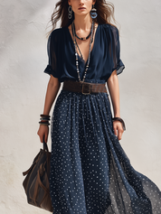 Midnight Blue Polka Dot Chiffon Long Skirt Set
