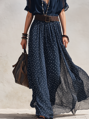 Midnight Blue Polka Dot Chiffon Long Skirt Set