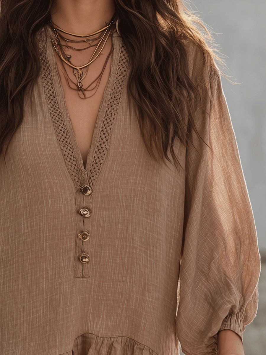 Boho Button-Front Puff Sleeve Relaxed Fit Flowy Mini Dress