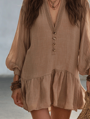 Boho Button-Front Puff Sleeve Relaxed Fit Flowy Mini Dress