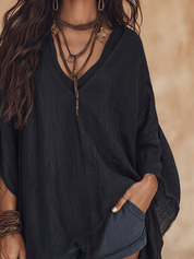 Boho Oversized V-Neck Relaxed Fit Lightweight Tunic Blouse
