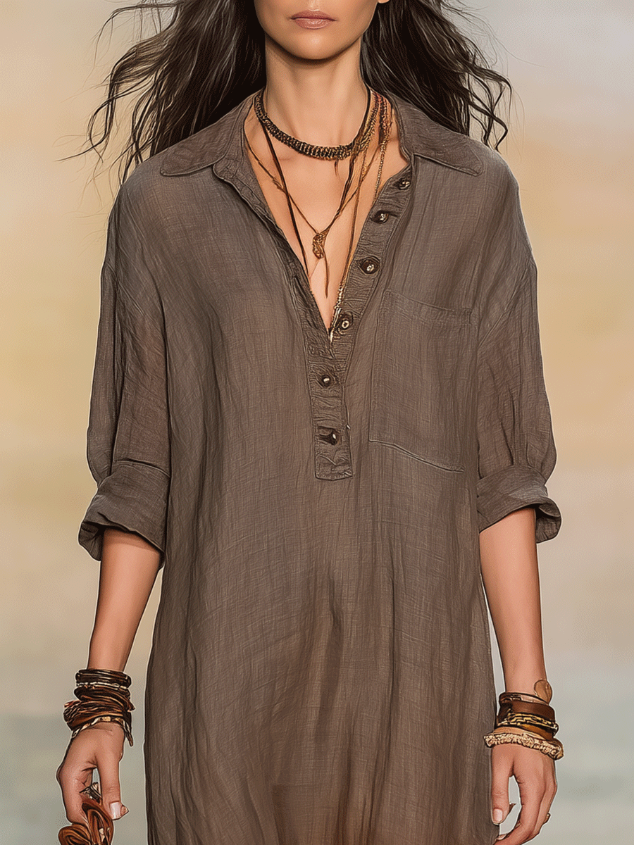 Boho Linen Ombre Button-Neck Relaxed Fit Flowy Maxi Shirt Dress
