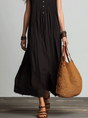 Casual Boho Black Pleated Button-Front Sleeveless Relaxed Fit Maxi Dress