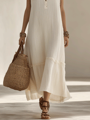 Boho Pleated Sleeveless Henley Relaxed Fit Flowy Maxi Dress