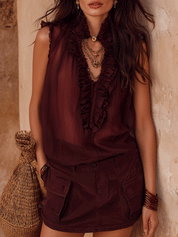 Boho Ruffle V-Neck Wine Red Sleeveless Sheer Relaxed Fit Blouse