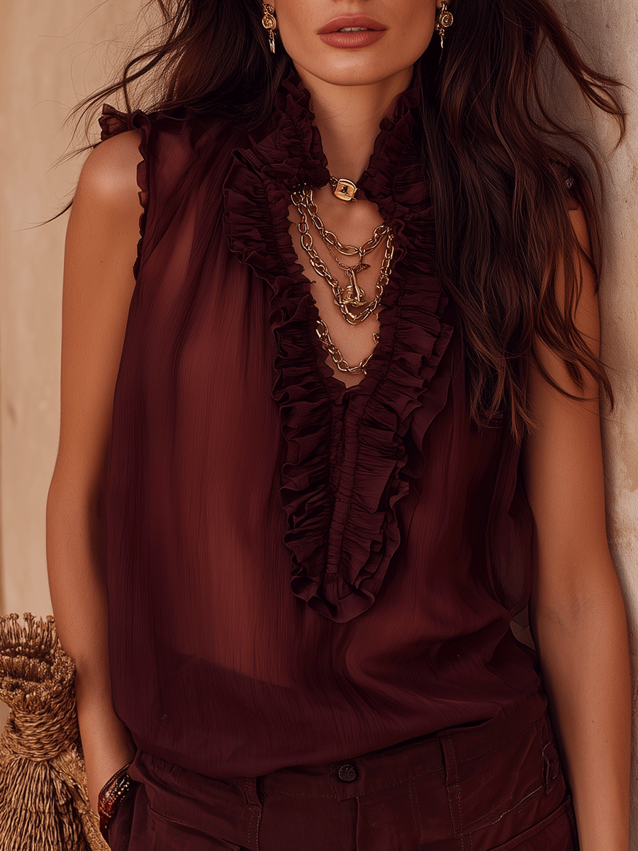 Boho Ruffle V-Neck Wine Red Sleeveless Sheer Relaxed Fit Blouse