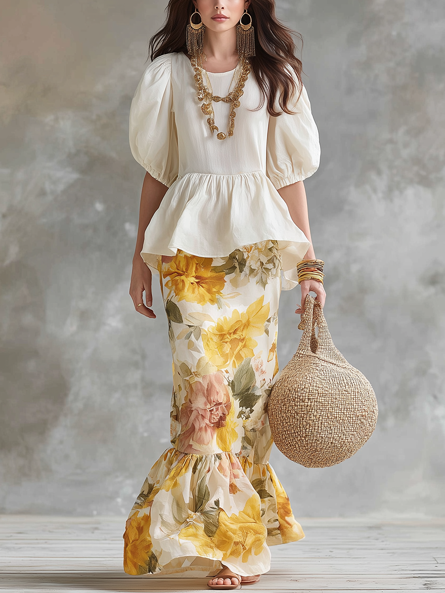 Elegant Ivory Peplum Floral Maxi Dress