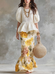 Elegant Ivory Peplum Floral Maxi Dress
