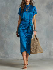 Sophisticated Sapphire Blue Draped Midi Skirt Set