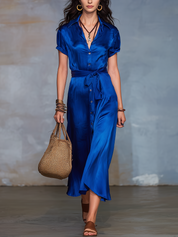 Elegant Royal Blue Satin Shirt Dress