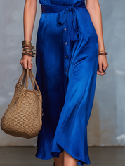 Elegant Royal Blue Satin Shirt Dress