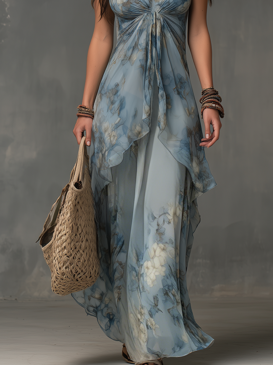 Soft Mist Blue Floral Slip Maxi Dress