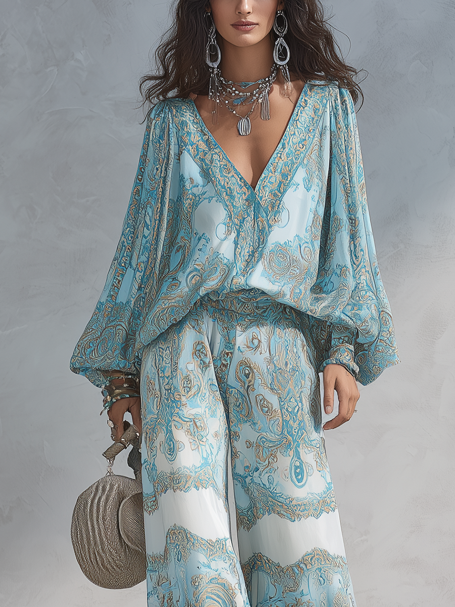 Light Blue Paisley Bohemian Style Suit