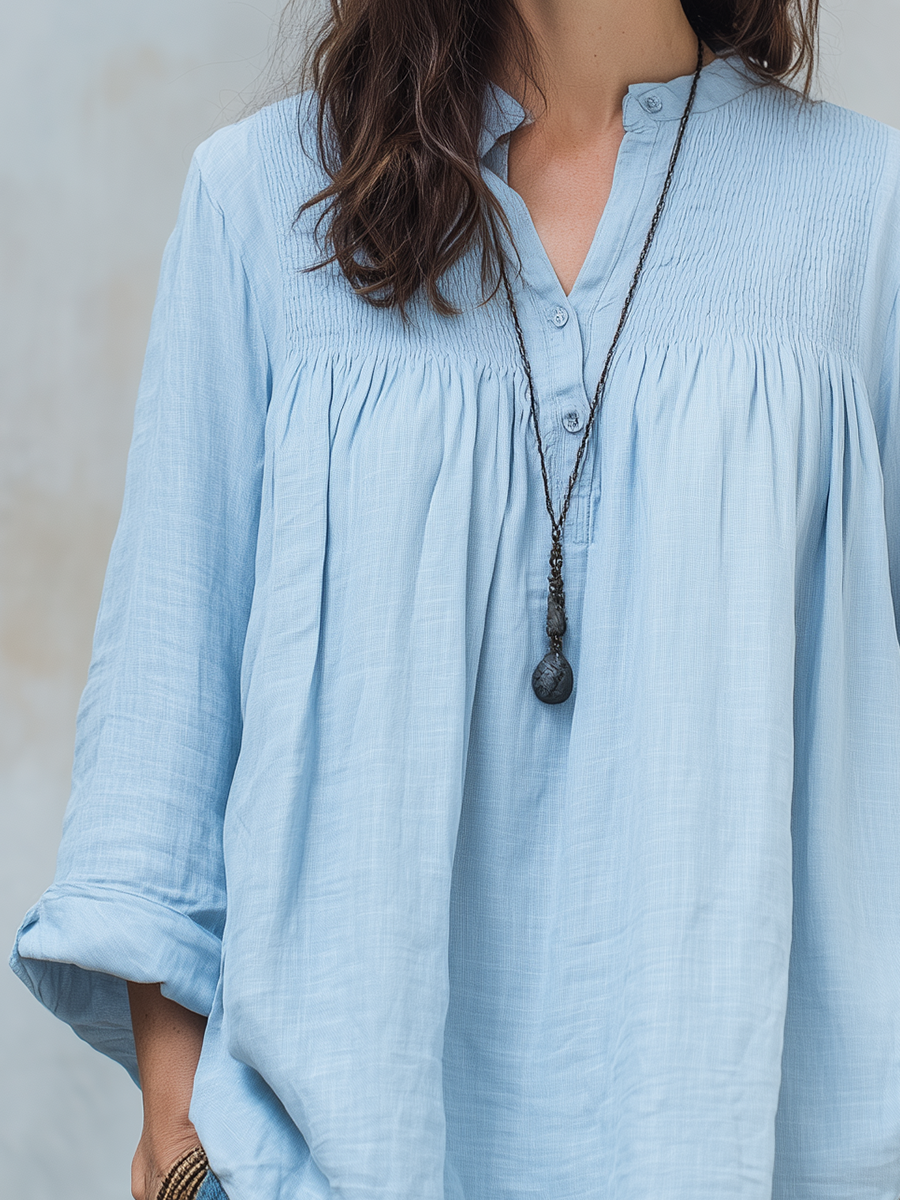 Casual Cotton And Linen Blue Shirt
