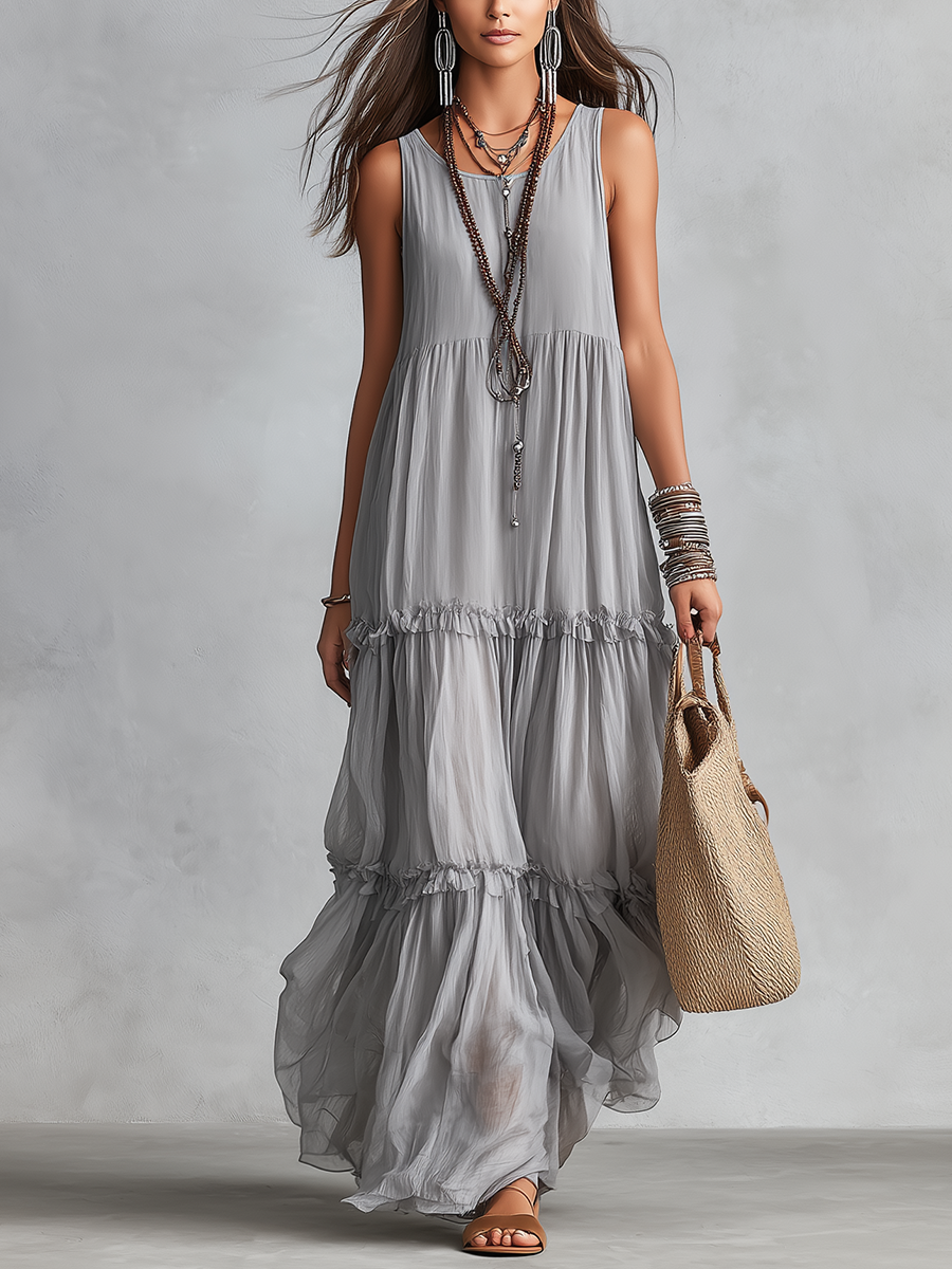 Bohemian Gray Chiffon Layered Sleeveless Maxi Dress