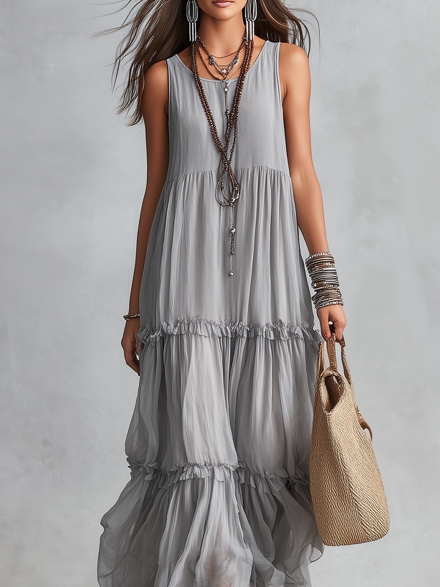 Bohemian Gray Chiffon Layered Sleeveless Maxi Dress