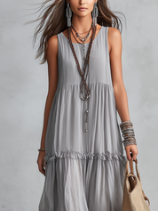 Bohemian Gray Chiffon Layered Sleeveless Maxi Dress