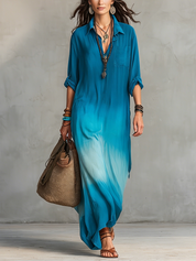 Elegant Peacock Blue Gradient Shirt Dress