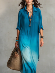 Elegant Peacock Blue Gradient Shirt Dress