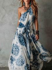 Bohemian Blue Off Shoulder Tie Waist Maxi Dress