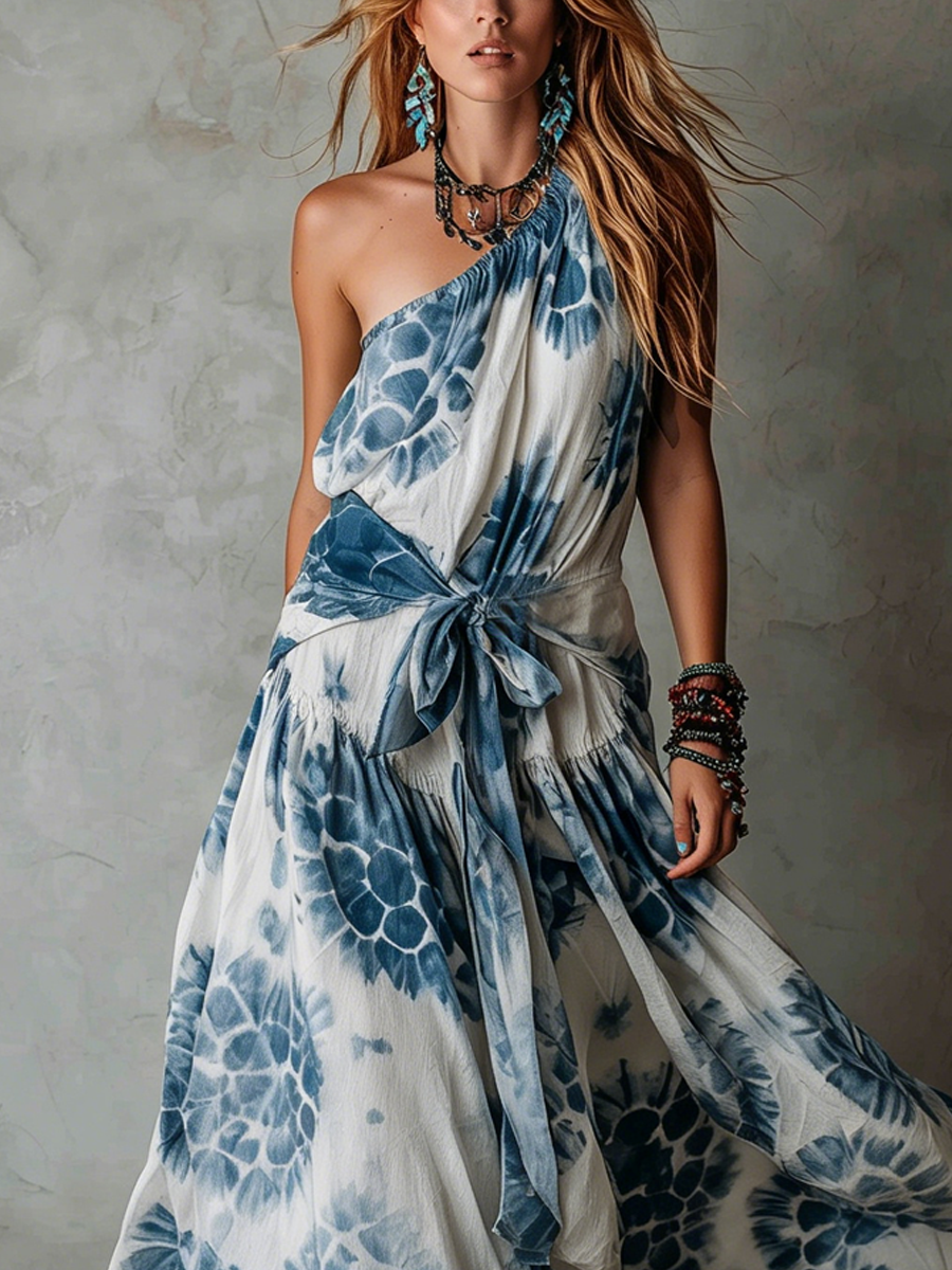 Bohemian Blue Off Shoulder Tie Waist Maxi Dress